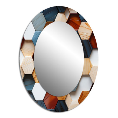 Hexagones orange et gris - Grand miroir mural ovale sur métal