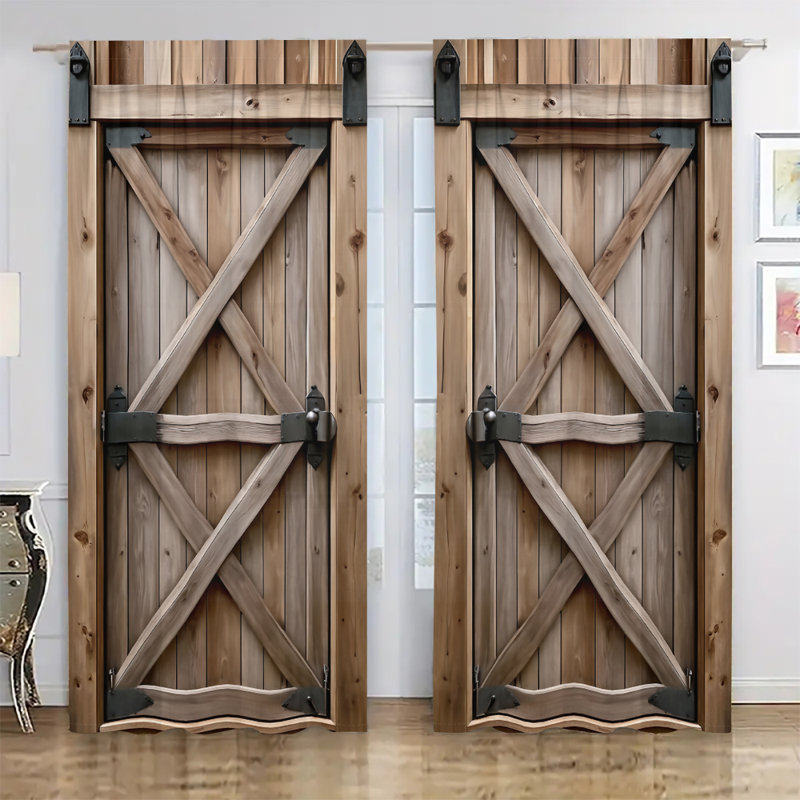2Pcs Rustic Barn Door Print Curtain, Rod Pocket Mount, Digital Printing, Farmhouse Style, Suitable For Living Room, Bedroom, Kitchen, Dining, Home Decor
