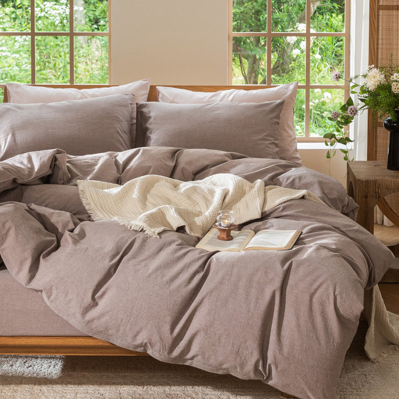 MooMee Lightweight Duvet Cover Set with Zipper Closure 8 Ties 100% Washed Cotton Linen Like Textured Soft Breathable All-Season