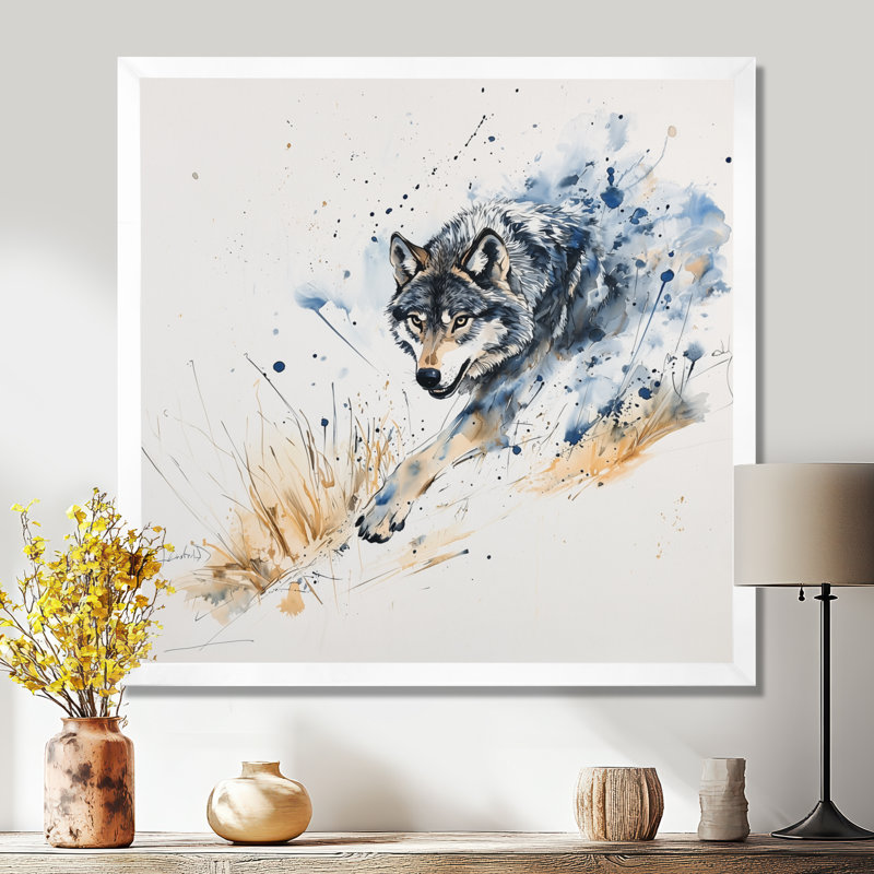 Loup qui court dans la forêt II - impression d'art mural loup, Reproduction encadrée d'une seule photo sans pass, Blanc