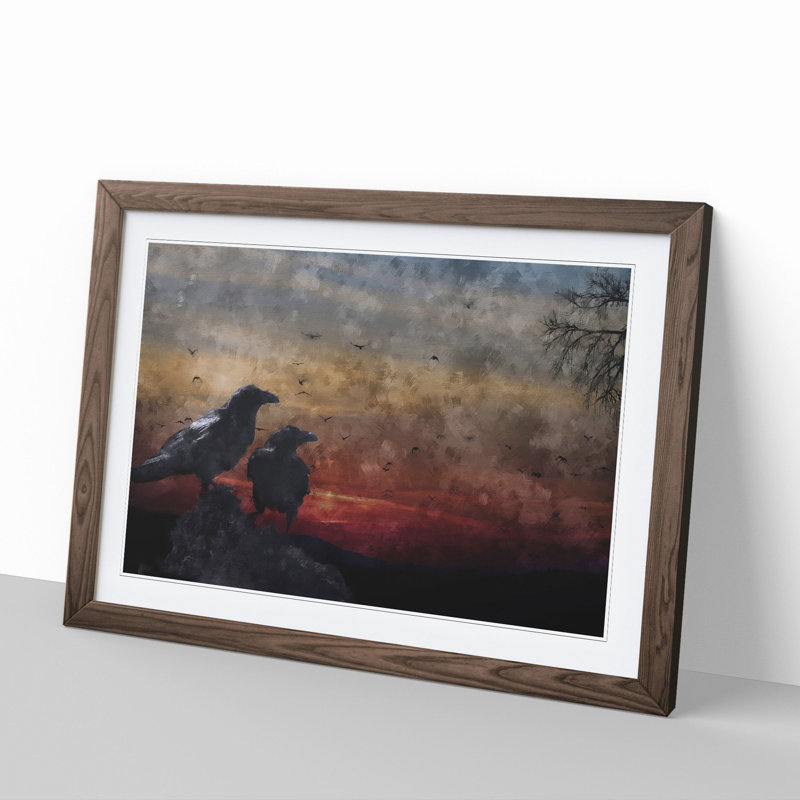 Crows at Sunset - Picture Frame Painting, 48cm H x 65cm W x 2cm D, Walnut Framed