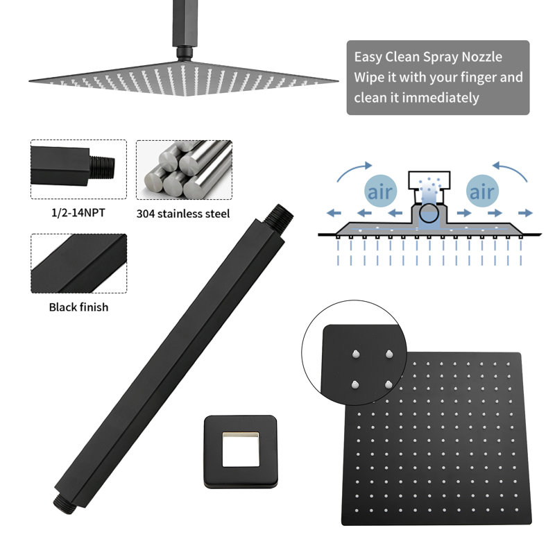 Système de robinet de douche de plafond avec pomme de douche à pluie de 12 pouces et douchette, Noir mat