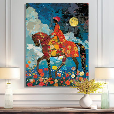 Dame à cheval, pleine lune, champ de fleurs - cheval, art mural