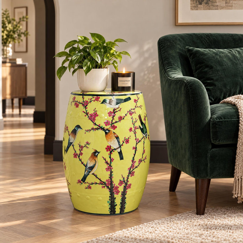 Tabouret en céramique fleur et oiseau