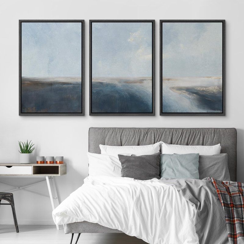 "Contemporain bleu et beige, paysage abstrait, illustrations, art moderne, salon", 3 pièces, Noir, H 24 po x l 16 po