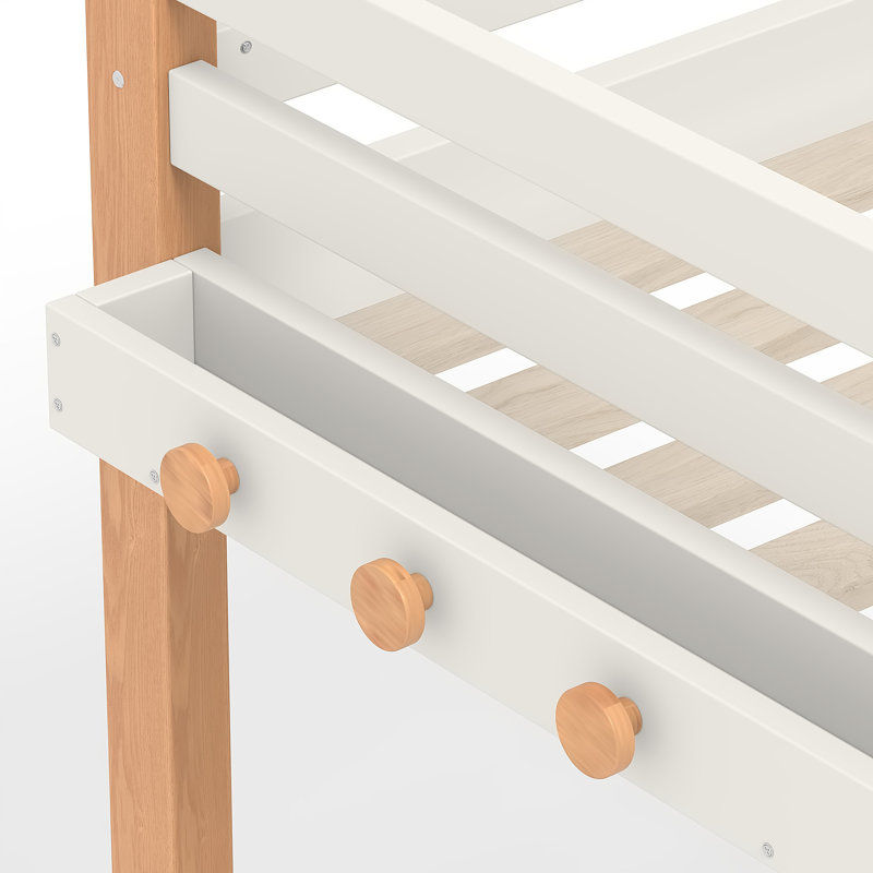 Twin Loft Bed With Clothes Hook And Storage Shelves, Wood Loft Bed Frame With Staircase Storage, Built-In Book Shelves, Ample Under-Bed Space, Beige & Natural Finish