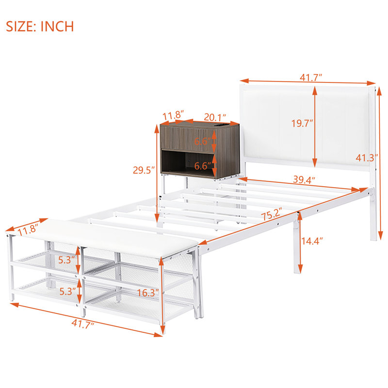 Lit plateforme simple en métal avec finition blanche et rangement, Lit simple, Blanc