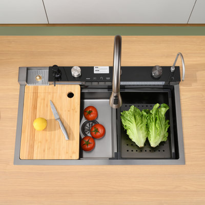 30"L × 18"W Drop-in Single Bowl Stainless Steel Kitchen Sink with Digital Display Workstation Sink