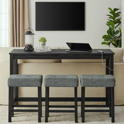 59" W Bar Table Set With Power Outlet, 3 Cushioned Stools by Lark Manor