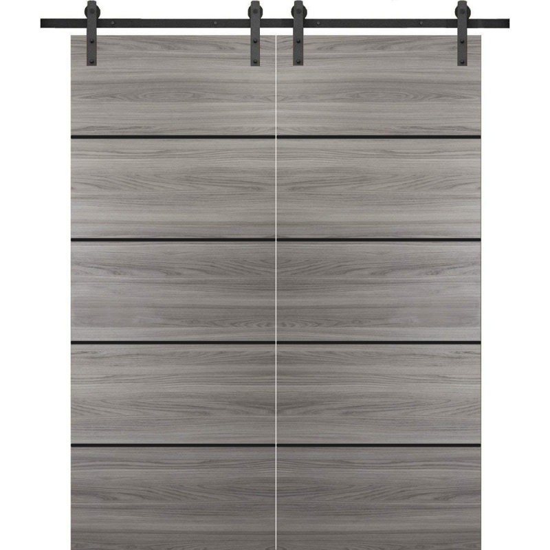 Porte de grange double robuste avec quincaillerie Planum 0015 Ginger Ash, supports de rail de 13 pi, portes intérieures modernes à panneaux pleins - 72 po x 80 po (2 x 36 po x 80 po) - Rail argenté