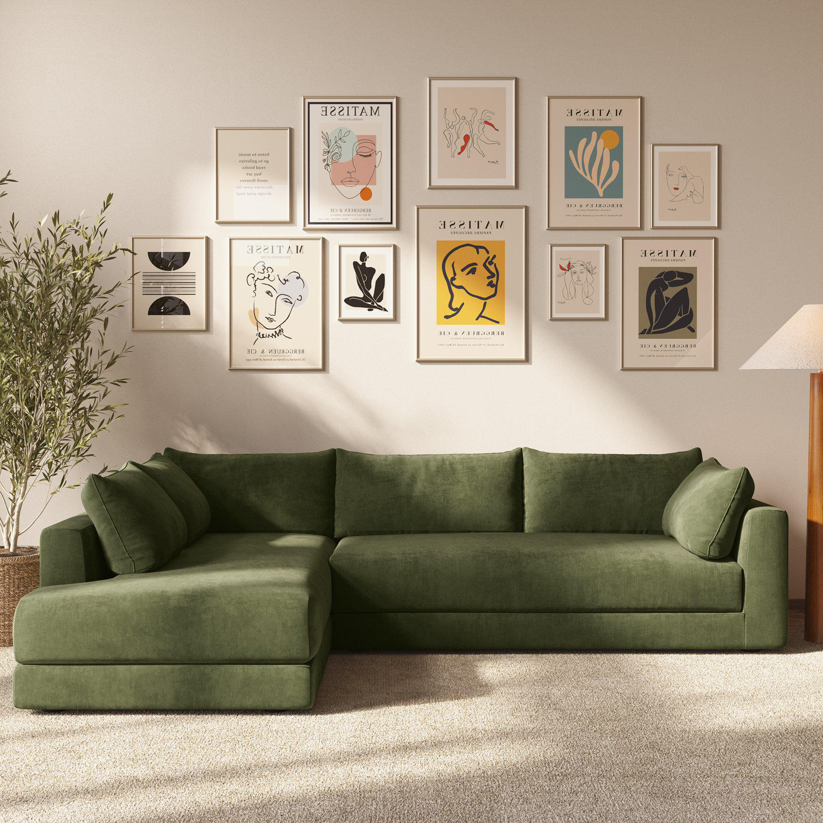 Marcel Upholstered Sectional, Sagano Green Fabric, Left Hand Facing