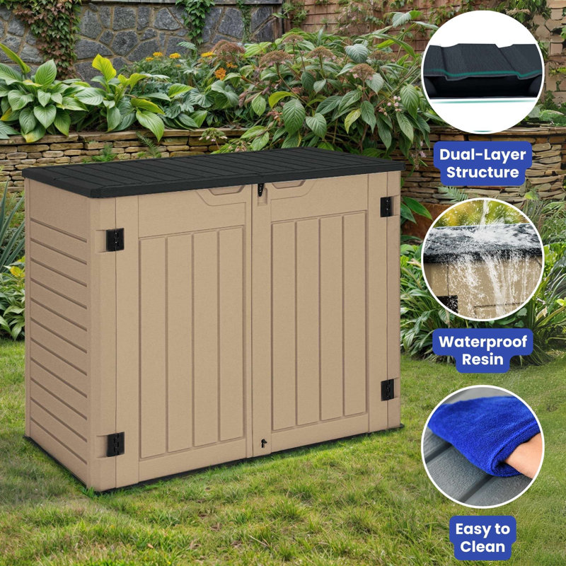 Outdoor Polyethylene Plastic Horizontal Storage Shed, 41.30" H x 51.10" W x 29.10" D , Black/Khaki