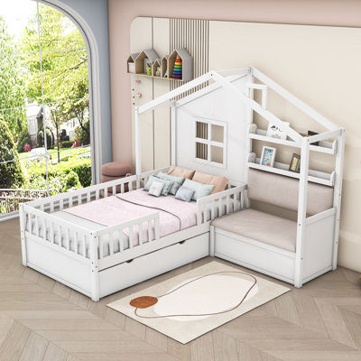 Abin Twin Size Wood House Bed with Two Drawers,Seat and Shelf