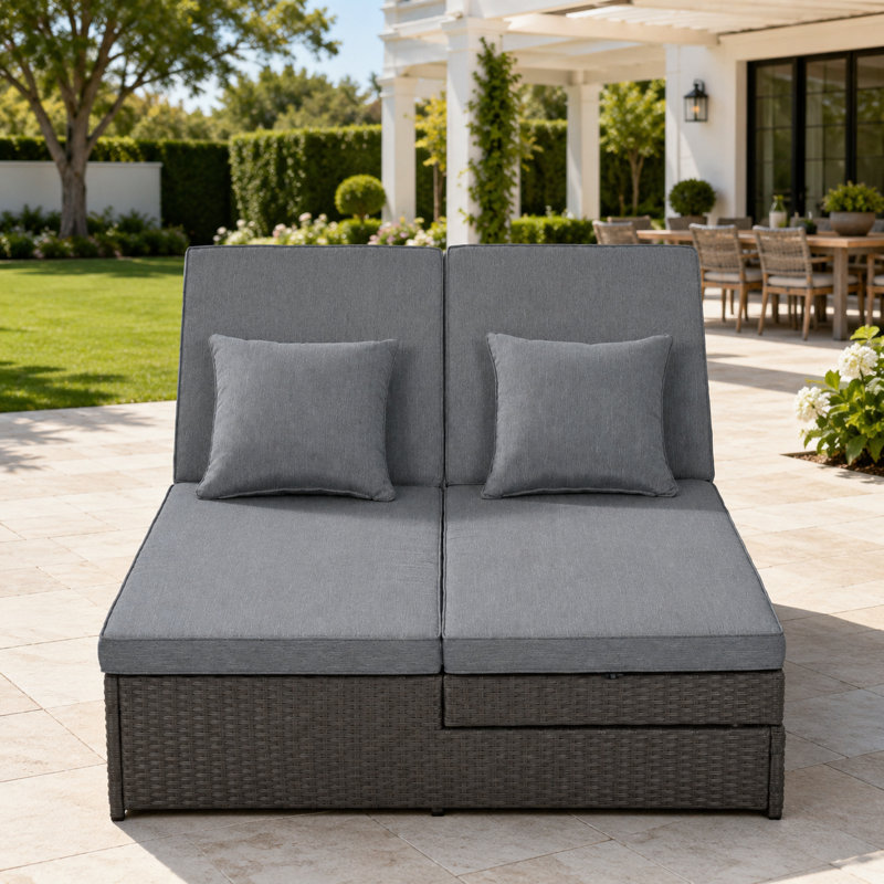 Lit de jour d'extérieur en osier 2 places avec dossier inclinable réglable, coussins, coussins et plateaux latéraux, Gris