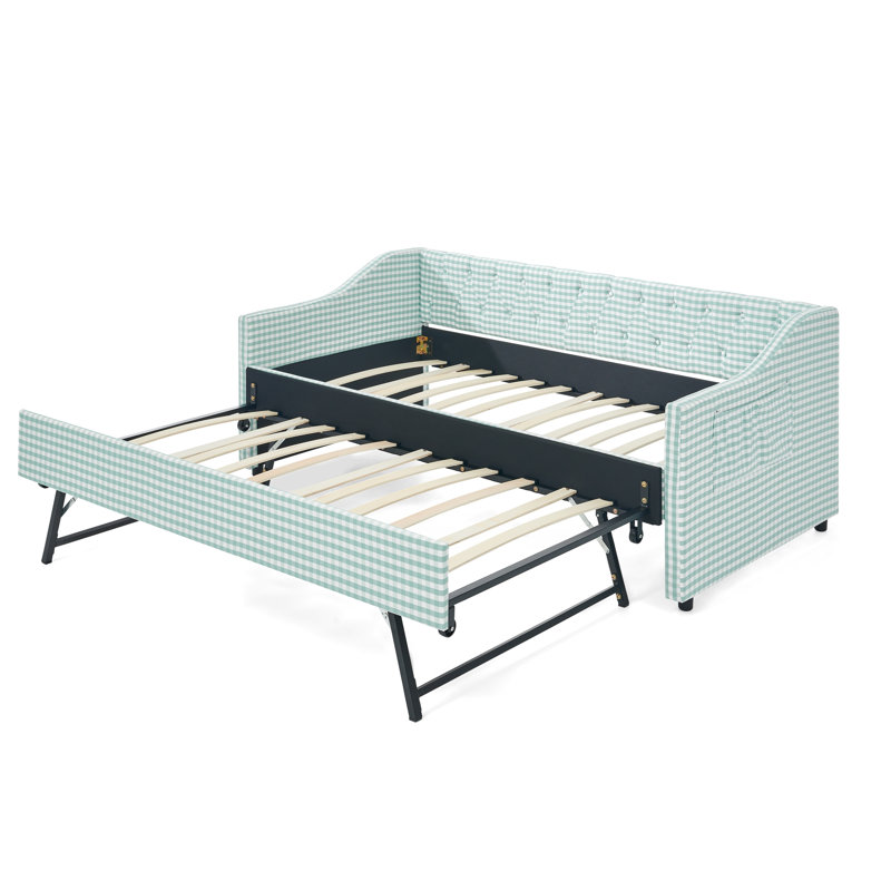 Upholstered Convertible Daybed with Tufted Button Backrest, 3‑in‑4 Versatile Sofa Bed with Pull‑Out Trundle & Side Storage