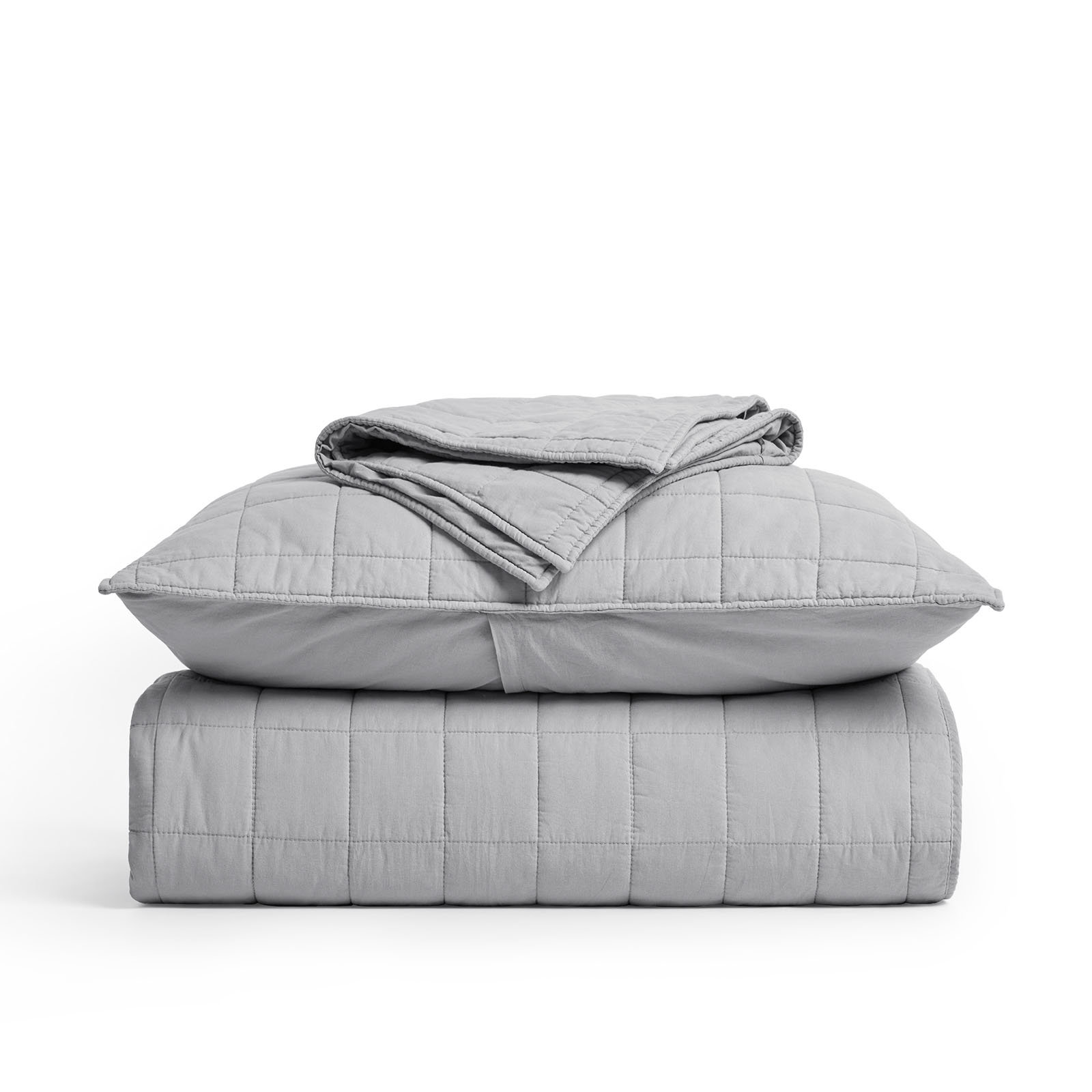 100% Cotton Box Stitch Quilt Set, Queen Quilt + 2 Queen Shams, Fog Gray