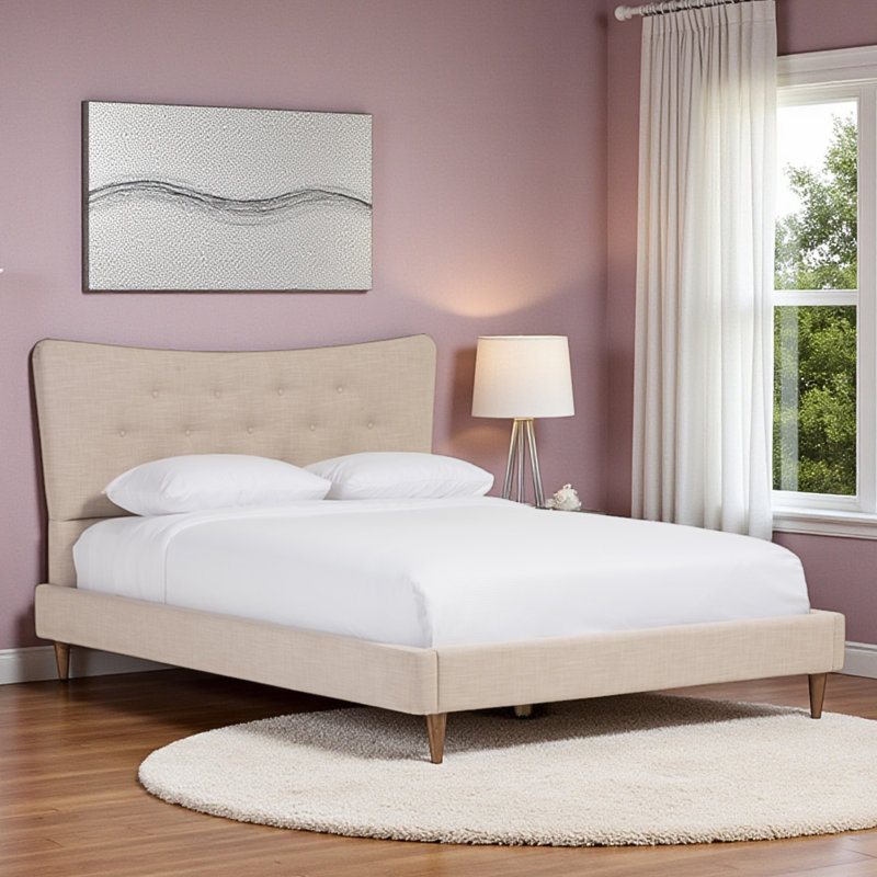 Reverie Queen Size Platform Bed in Beige Fabric, 45.32'' H X 66.11'' W X 87.45'' L, Beige, Queen