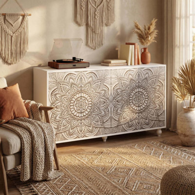 Armoire buffet 60 po Boho Mandala 3D, 4 portes de campagne fermées avec portes à pousser, armoire de rangement réglable avec pieds en bois tourné pour le salon de l'entrée de la salle à manger