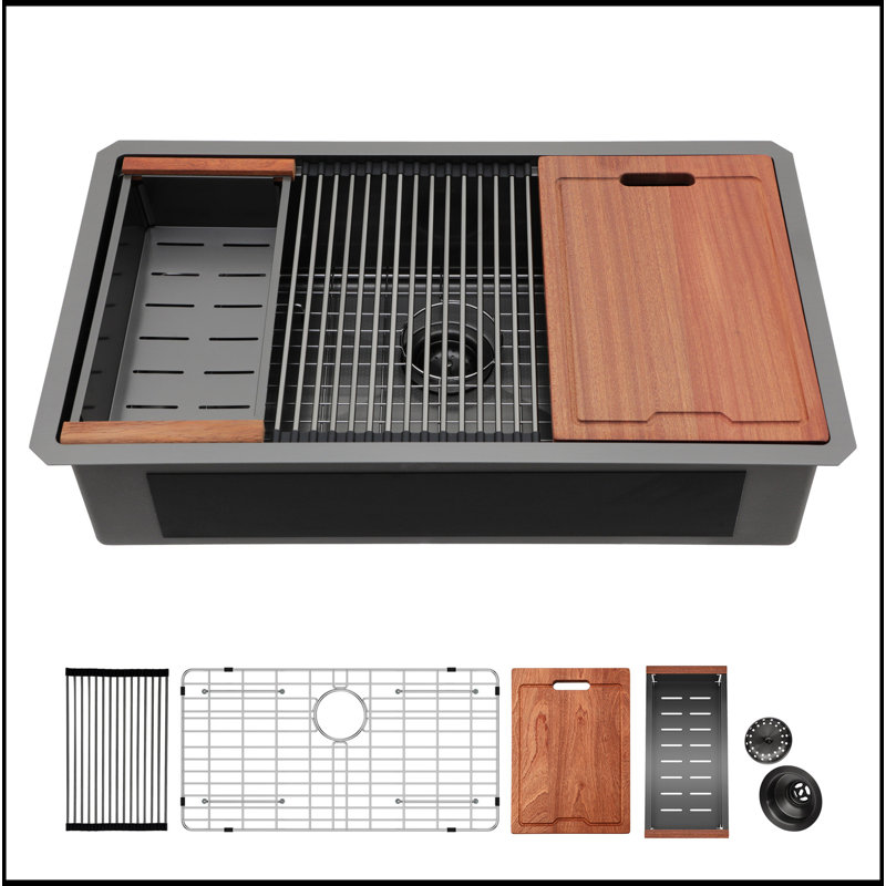 Évier de cuisine encastrable 33 po - 33 po x 19 po à cuve simple noire en acier inoxydable calibre 16 avec éviers de cuisine