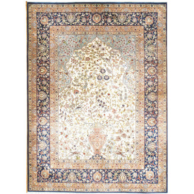 Tapis ivoire / brun / bleu clair en soie noué à la main Original Sino