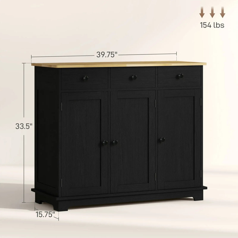 Armoire de cuisine avec plateau en bois massif, buffet avec 3 tiroirs et tablette réglable, armoire de plancher en grain de bois noir