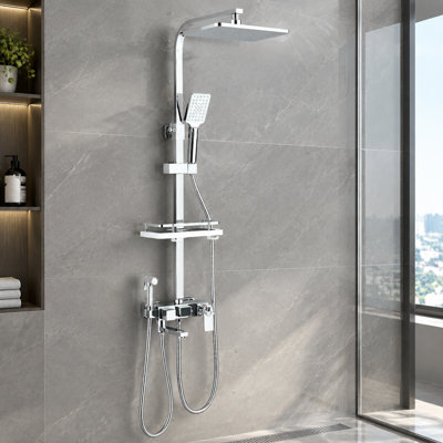 Chrome-Plated Digital Temperature-Controlled Shower System – Stainless Steel & ABS, Square Wall-Mounted Shower Set with Handheld Showerhead, Shower Spray Gun, Single-Handle Mixer Faucet, and Shelf