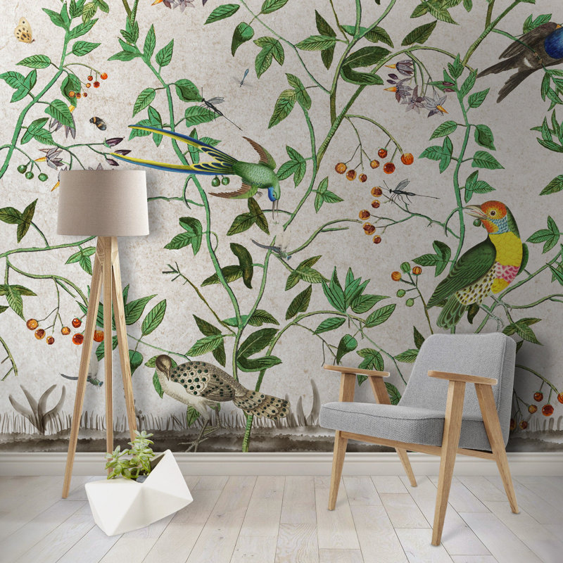 Papier peint amovible oiseaux tropicaux feuilles vertes cigogne et canard, L 105,96 po x l 187 po