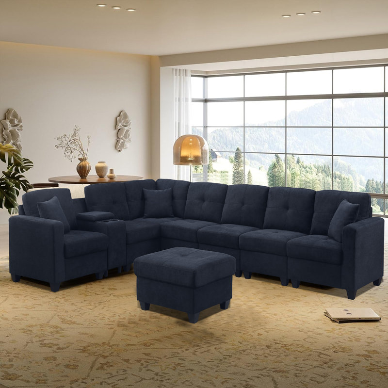 L-shaped Sectional Sofa with Ottoman Cup Holder  USB Type-C Port Storage Box Dark Blue Couch, Dark Blue