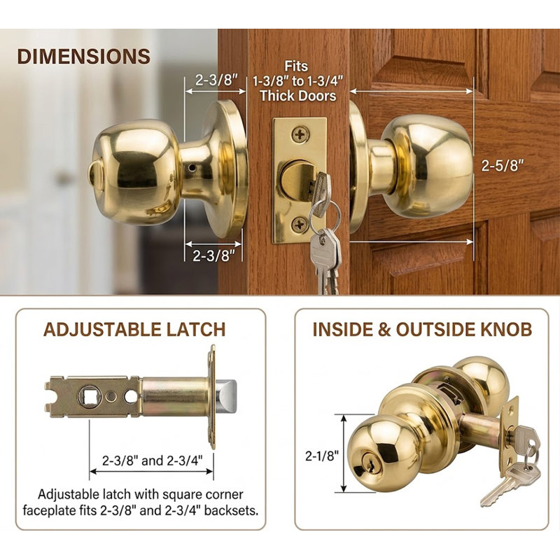 Door Knob Lock, Brass Plated, Brass