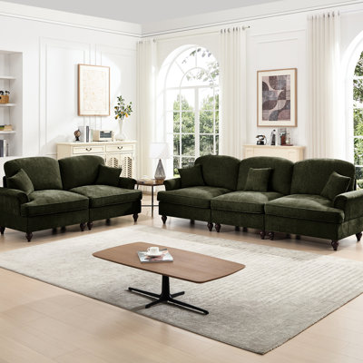 Ensemble classique 2 pièces avec pieds fuselés, jupes détachables, coussin décoratif de soutien du corps, mousse haute densité, chenille, coussin de chaise longue à 3 places + siège incurvé, chenille segmentée et mobile