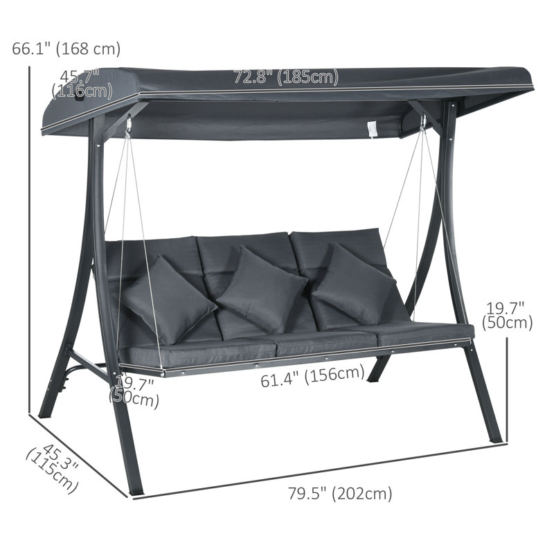 Balancelle de patio pour 3 personnes, banc de balancelle d'extérieur, gris foncé