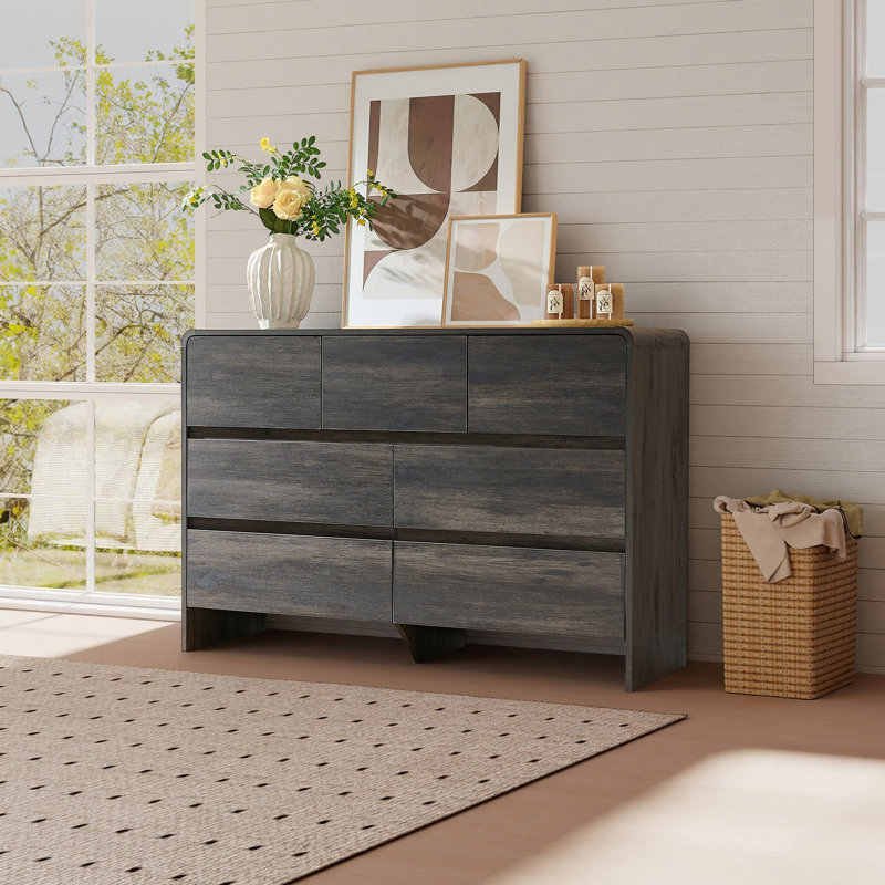 Commode moderne à 7 tiroirs avec coins courbés et conception à devant affleurant, armoire de rangement minimaliste pour chambre à coucher ou salon