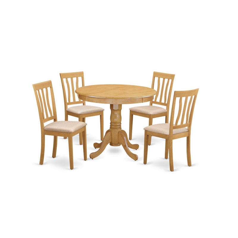 5 Piece Dining Room Table Set Includes a Round Wooden Table with Pedestal and 4 Linen Fabric Kitchen Dining Chairs, 36x36 Inch, Oak