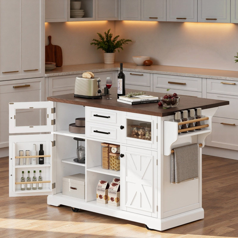 Îlot de cuisine avec abattant, prise électrique, tablettes de porte, tiroirs, tablettes ajustables et roulettes, Blanc