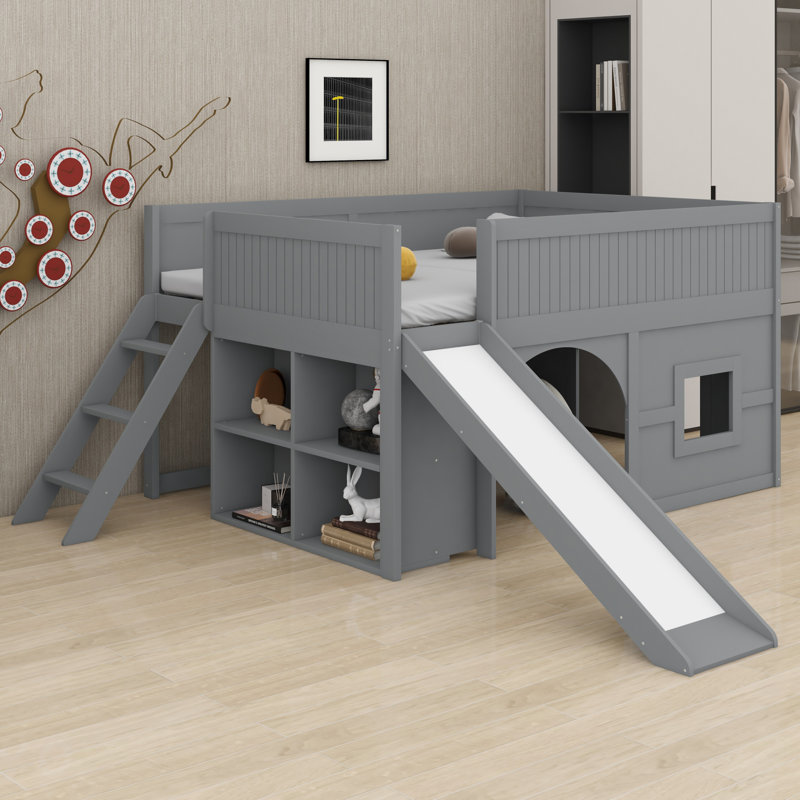 Lit mezzanine en bois à profil bas avec glissade, tablettes de rangement, Gris