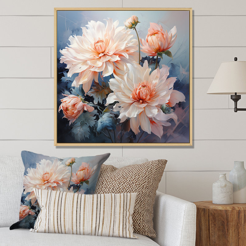 Impression romantique «I Peach Chrysanthemums Peach», H 16 po x l 16 po x P 1 po, Cadre naturel flottant
