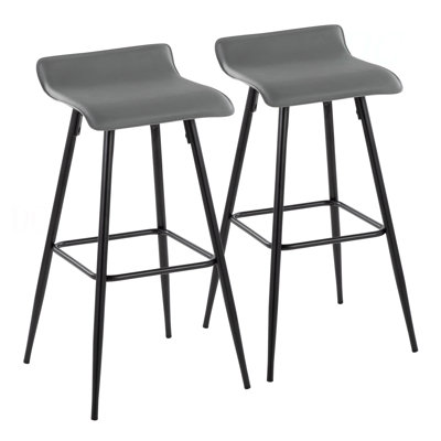 30" Contemporary Fixed-Height Bar Stool In Black Steel And Grey Faux Leather  - Set Of 2