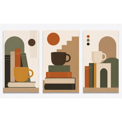 Extra-Large Set of 3 Book Lover Wall Art Canvas Prints Coffee Cup and Bookshelf Decor Library Reading Room Office Artwork 24x36 Inch Canvas Print - Ready to hang