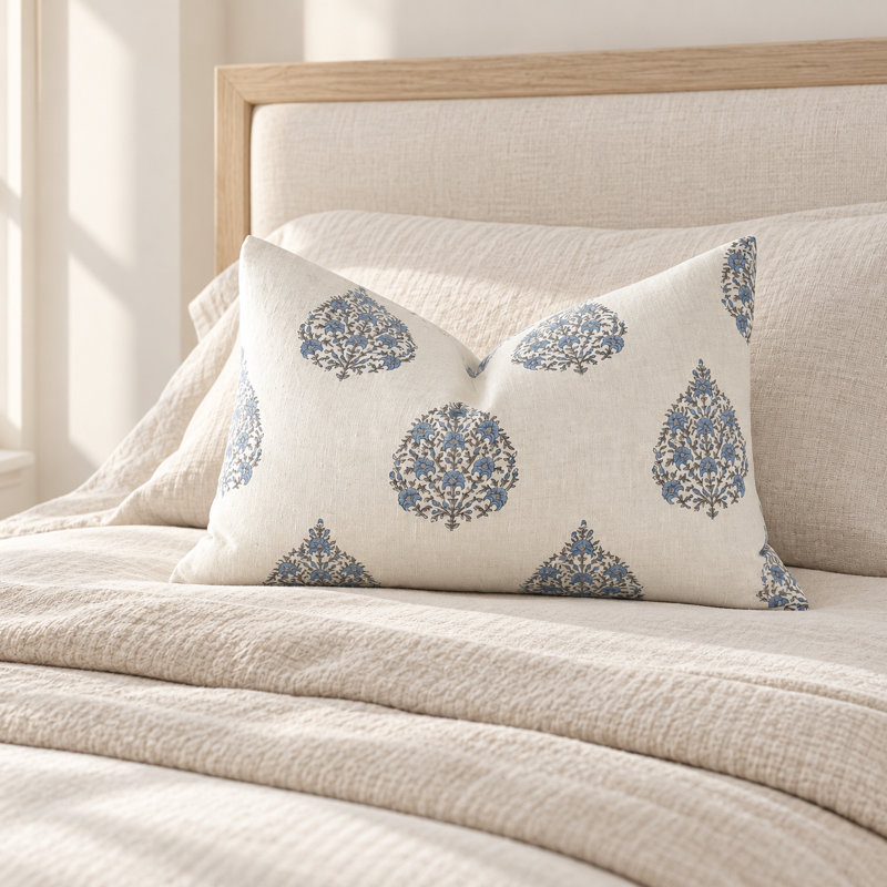 Blue Floral Block Print, 1 Pillow Set, Rectangle 16"H x 24"W
