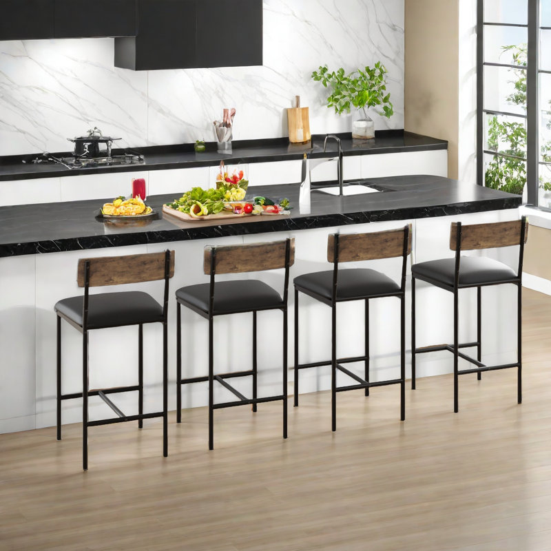 Bar Stools  With Footrest, Upholstered Bar Chairs With Back, Counter Height Barstools, Set Of 4, Brown