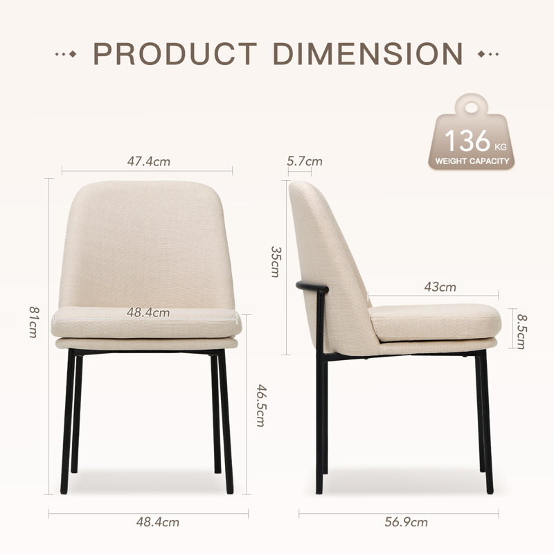 Reversible Cushion Dining Chair W/ Ergonomic Back & 136KG Capacity, Iron Frame, Beige