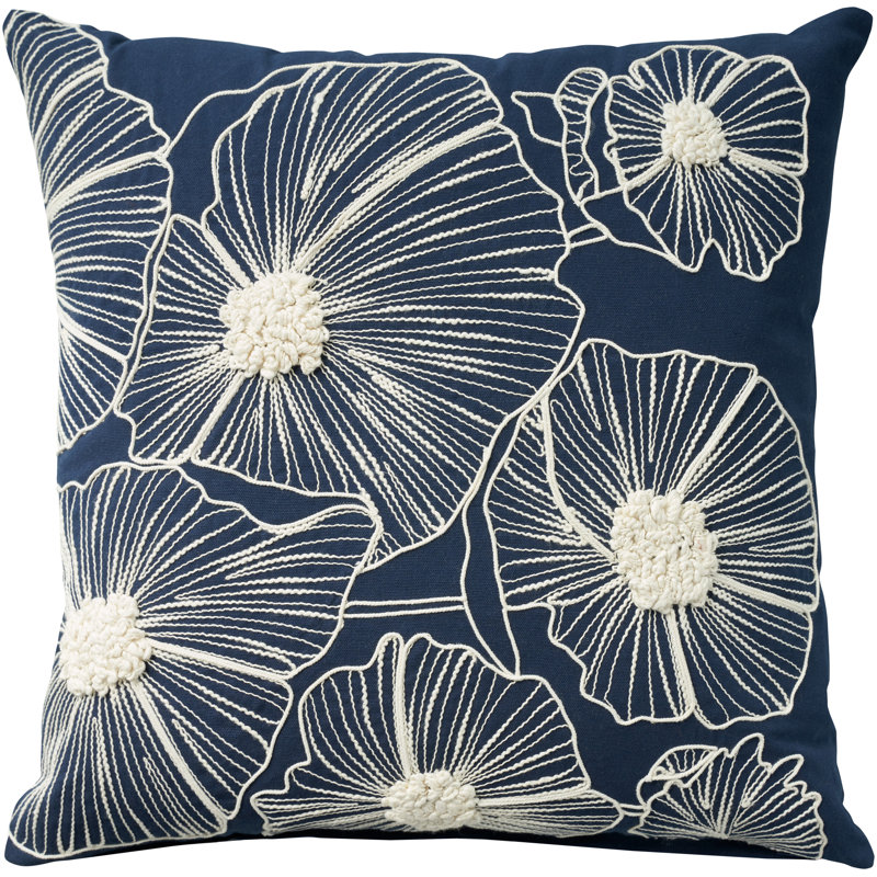 Navy Cotton Embroidered Floral 20" x 20" Throw Pillow