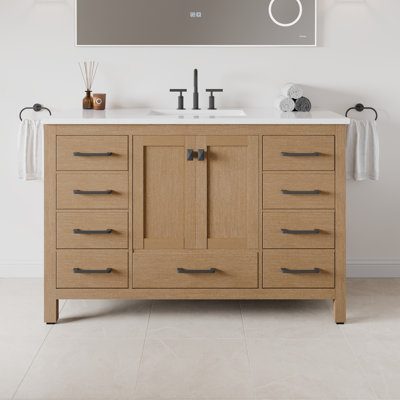 Meuble-lavabo Aberdeen 48 po en chêne avec lavabo simple, comptoir en quartz de Carrare et lavabo encastré en porcelaine.