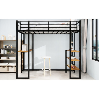 Black Iron Bed With Railing And Stairs For Twin Bedroom, Space - Saving, Quick Assembly L Shaped Desk Youth's Robust, Saving Stable Use