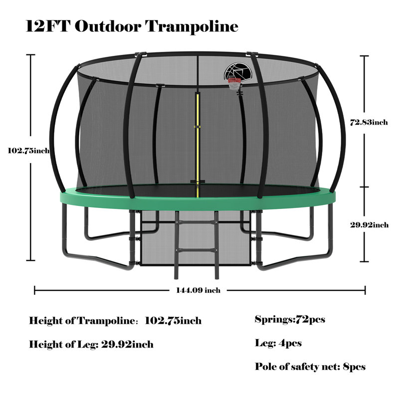 Trampoline récréatif pour enfants 12 pi avec filet de sécurité et échelle, Green