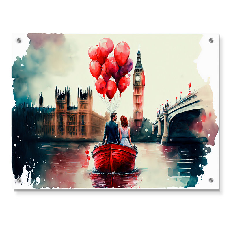 Couple romantique sur l'eau II - Paysage romantique, art mural en acrylique pour le salon, H 12 po x l 20 po