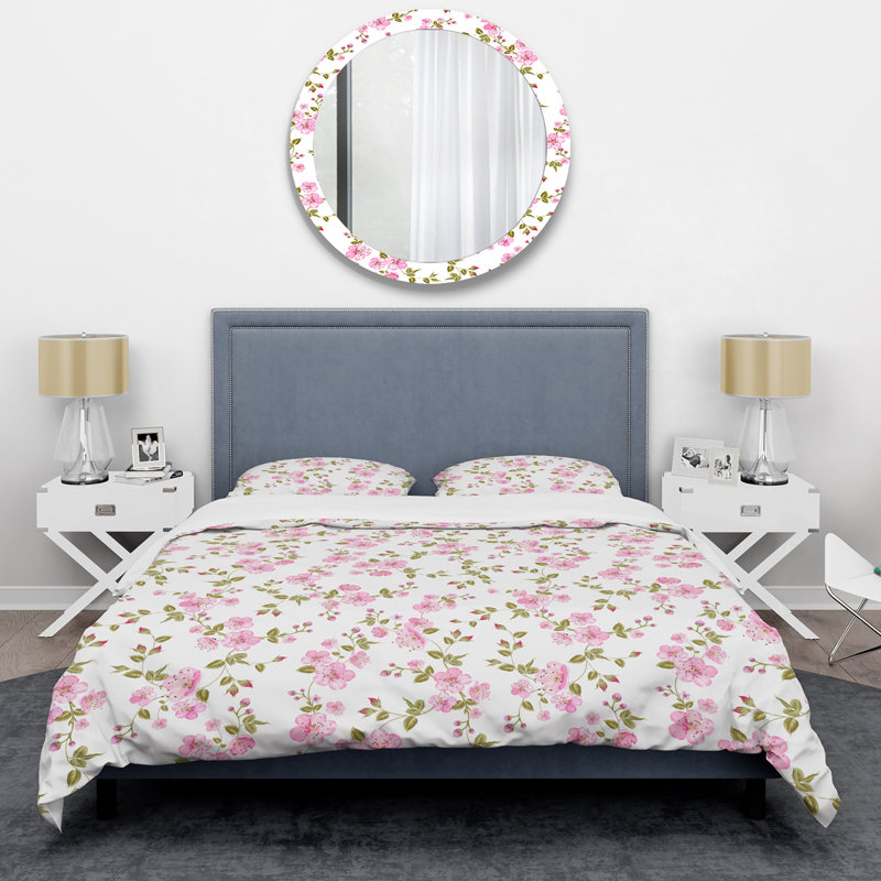 Fleurs roses et feuille verte - ensemble de housse de couette floral - microfibre de polyester