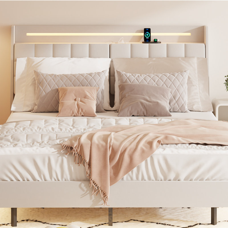 Grand cadre de lit flottant avec lumière DEL et base de lit tapissier avec base de lit tapissier avec tête de lit et espace de rangement caché, aucun sommier nécessaire