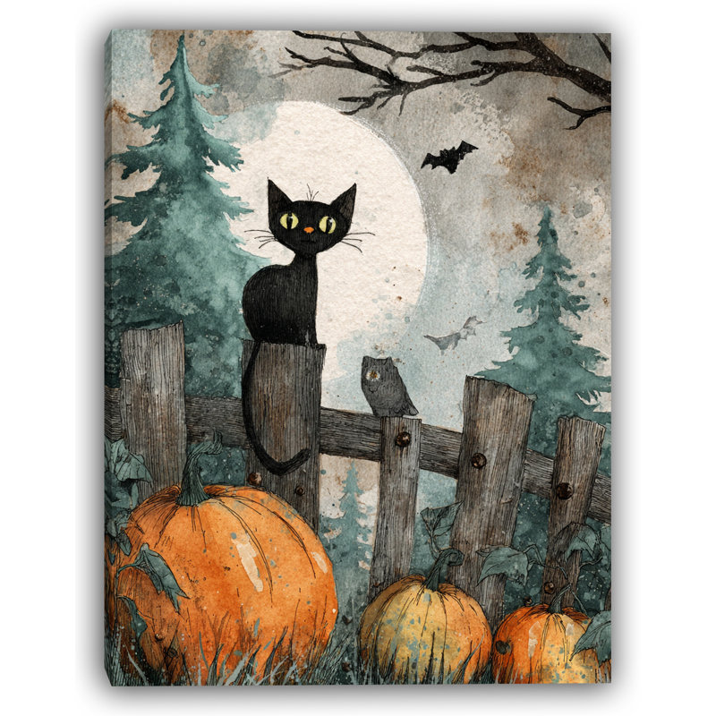 Chat noir avec citrouilles et lune, art mural sur toile tendue, H 24 po x l 16 po