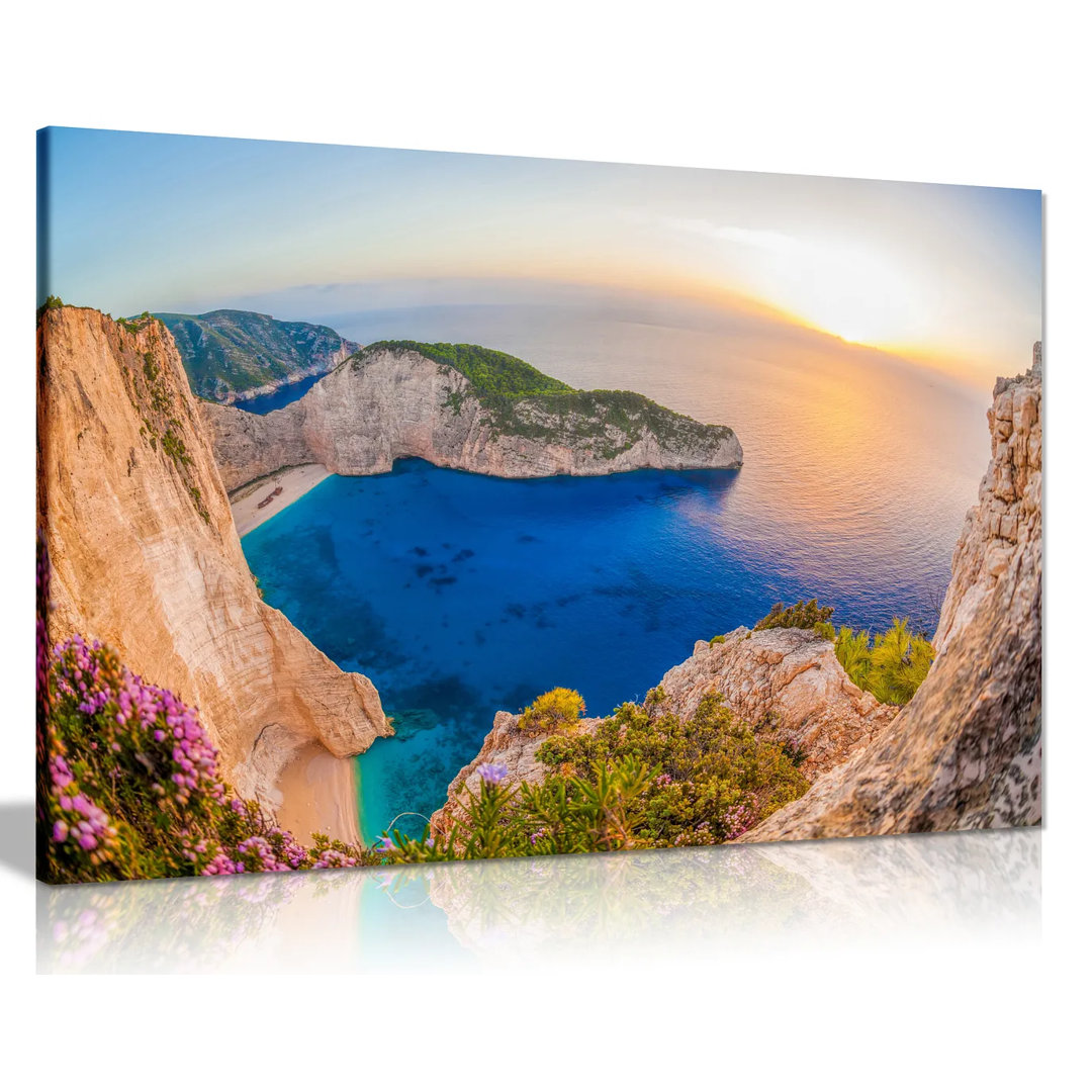Beach With Shipwreck Against Sunset On Zakynthos Island Greece - Wrapped Canvas Print
